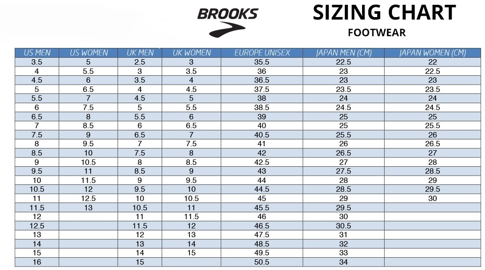 Brooks Apparel Size Chart
