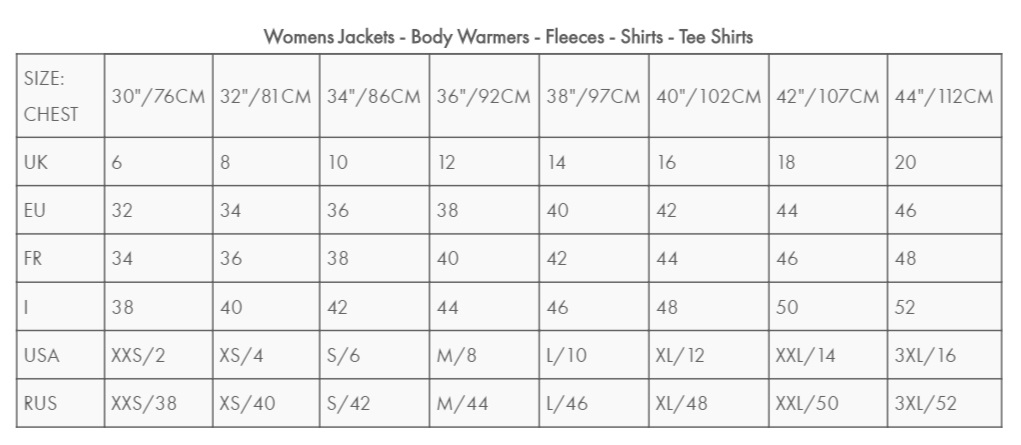 Dare2b Size Chart