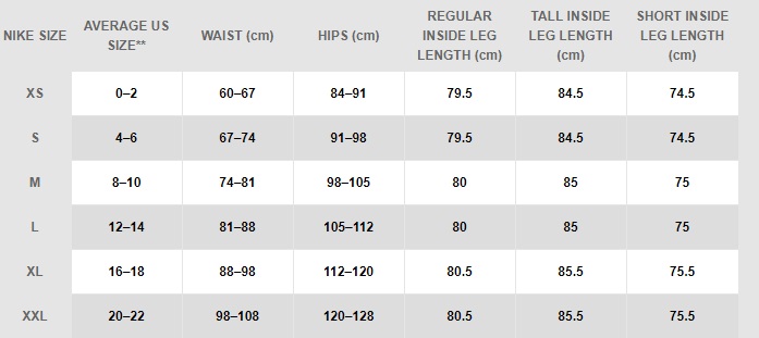 nike pro leggings size guide