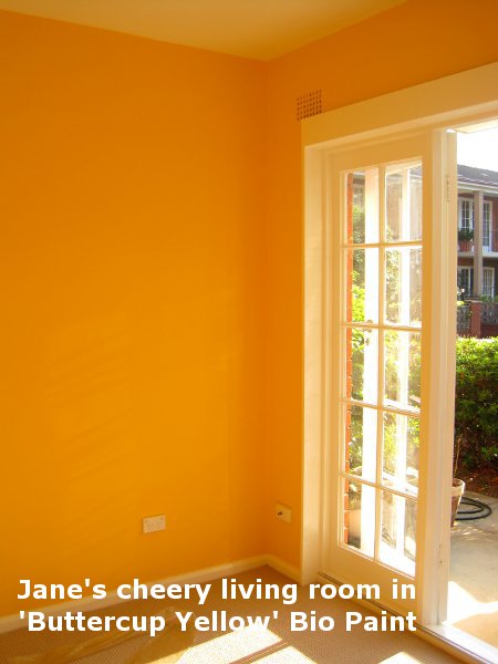 Jane's cheery living room in 'Buttercup Yellow' Bio Paint.