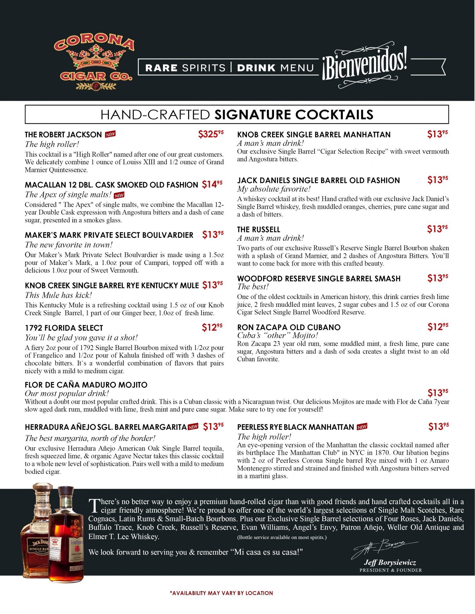 Bar Menu - Corona Cigar Co.