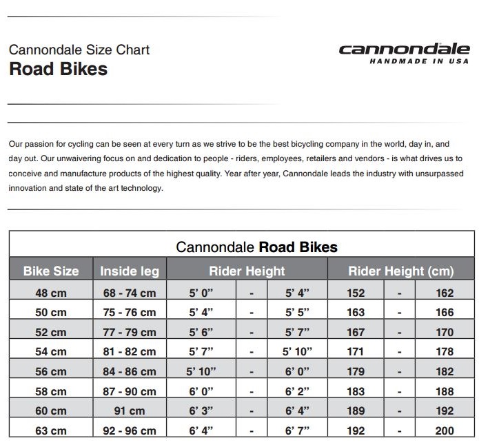 Cannondale Road Bike Sizing - Suburban Sports