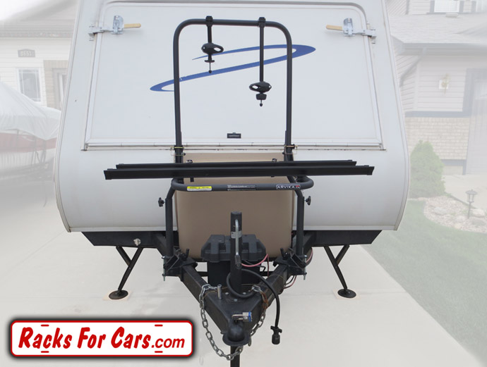 Arvika 2 bike rack with travel trailer bracket, no bikes loaded, front view