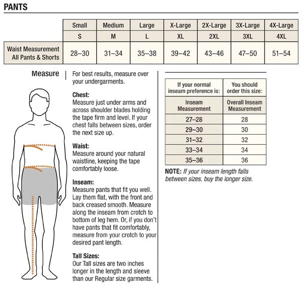 Men's Pants Size Chart - All Seasons Clothing Company