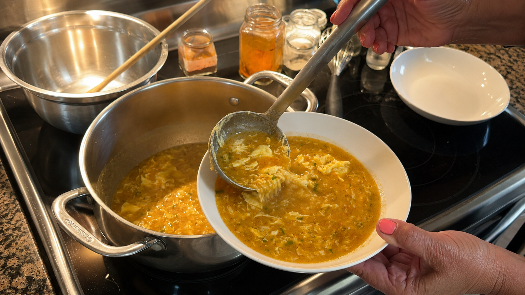 Djurdja serving homemade Prežgana Supa, a traditional Balkan browned flour soup