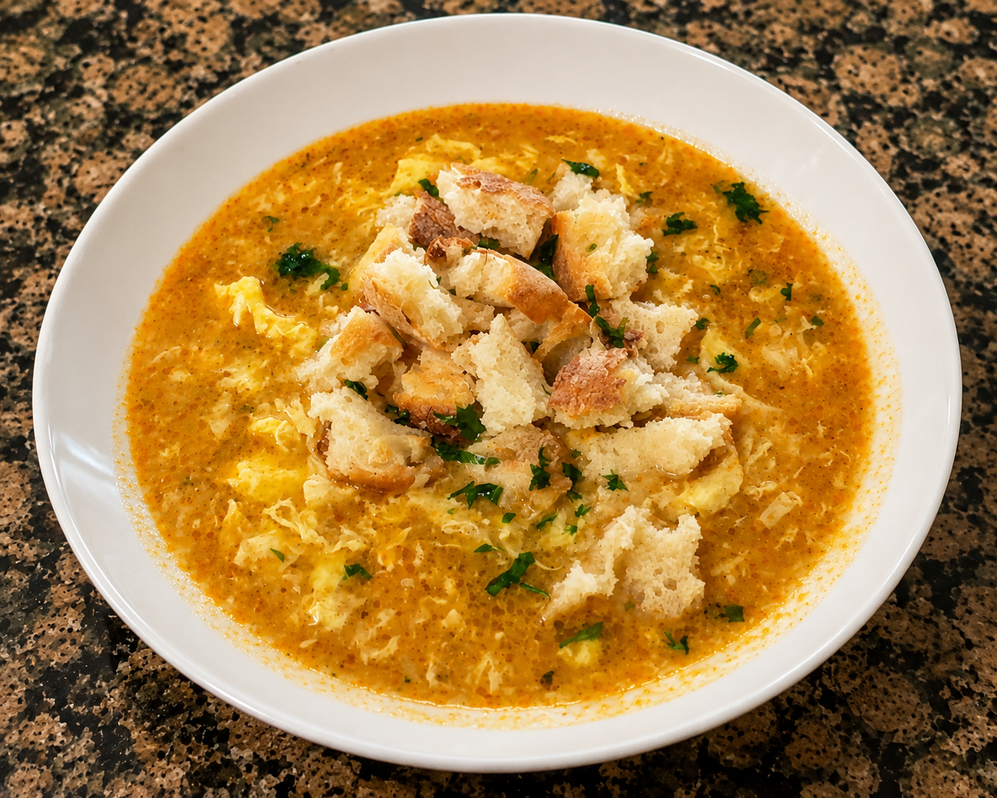 Traditional Prežgana Supa with egg ribbons, parsley, and torn crusty bread