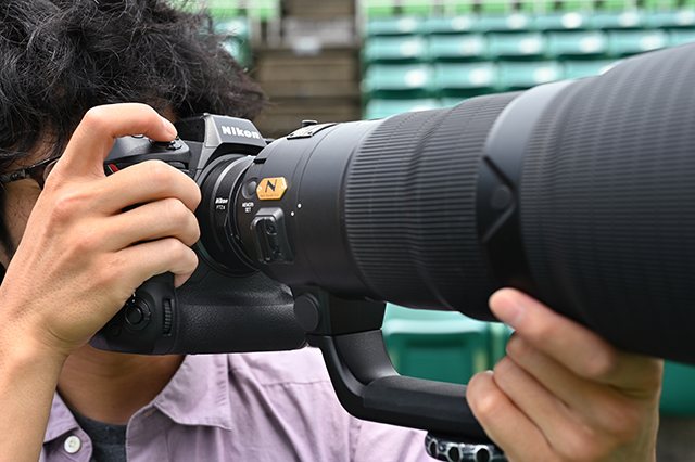 Nikon FTZ II in use between a Nikon Z 9 and Nikkor lens