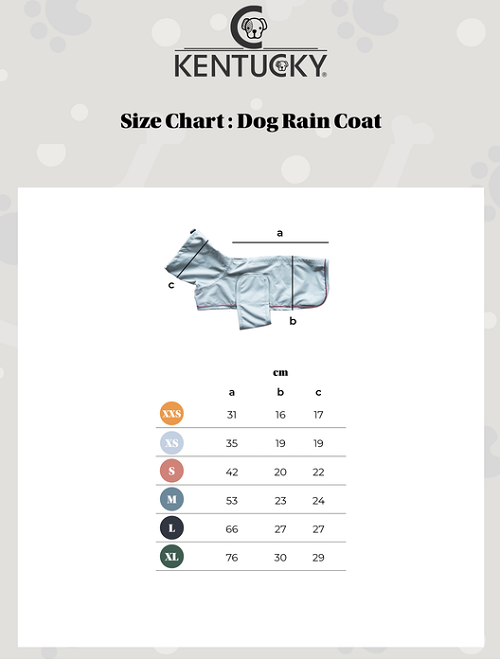 Kentucky Dog Rain Coat (Dusty Blue) Size Chart