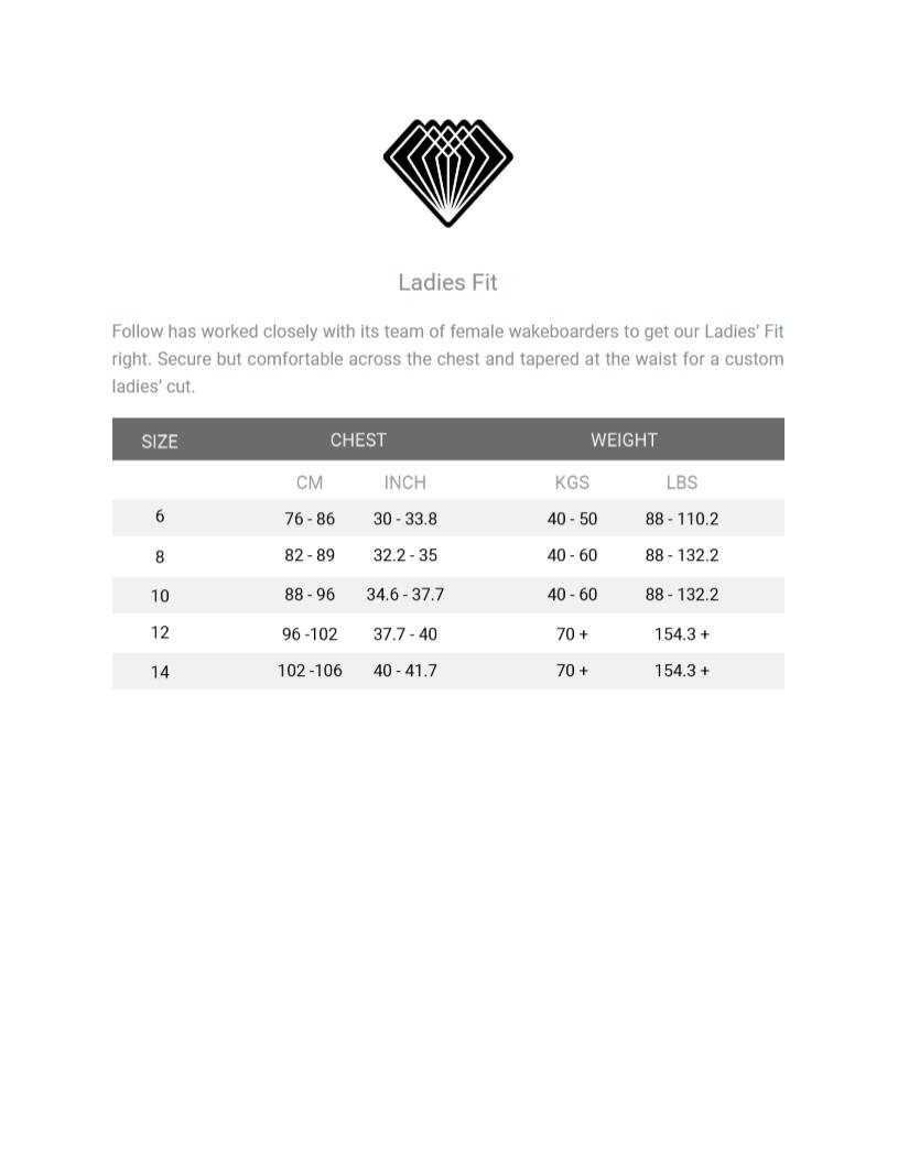 Follow Wake Vest Size Charts Shuswap Ski and Board
