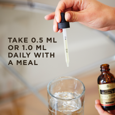 solgar vitamin d liquid being dropped into a glass with dosage instructions of 0.5ml or 1ml daily